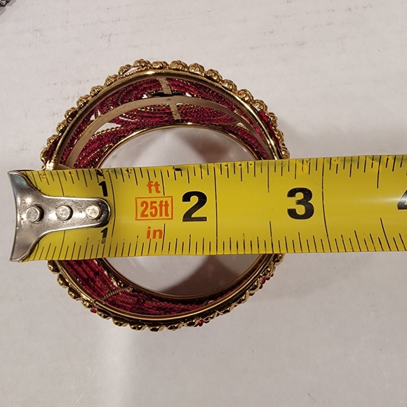 Beaded Hinged Cuff Bracelet, Gold Tone and Red Beads - Picture 9 of 11